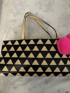 Miu Miu Black & Cream Triangle-Pattern Tote with Pink Pom